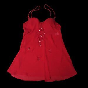 Studio Donatella Red Silky Embroidered Chemise Mini Slip Dress Padded Underwire